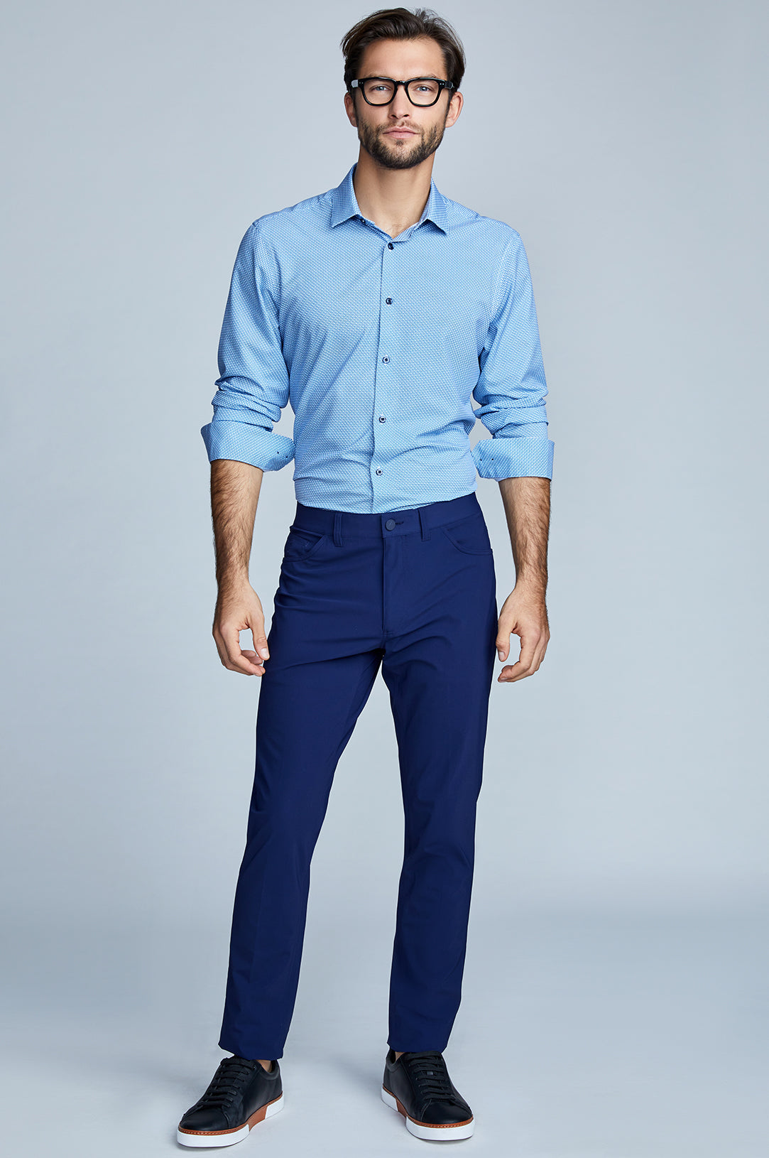 Can I wear a light blue dress shirt with blue pants? This is for an  interview with a large tech company (casual / business casual wear), with  British tan belt and shoes